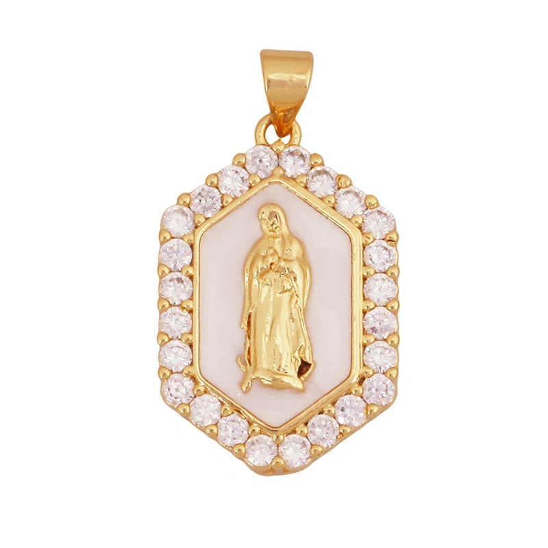 Religious Style Holy Jesus Virgin Mary Charm Geometry Pendant,18K Gold Inlaid Cubic Zirconia Jewelry Necklace Accessories S08