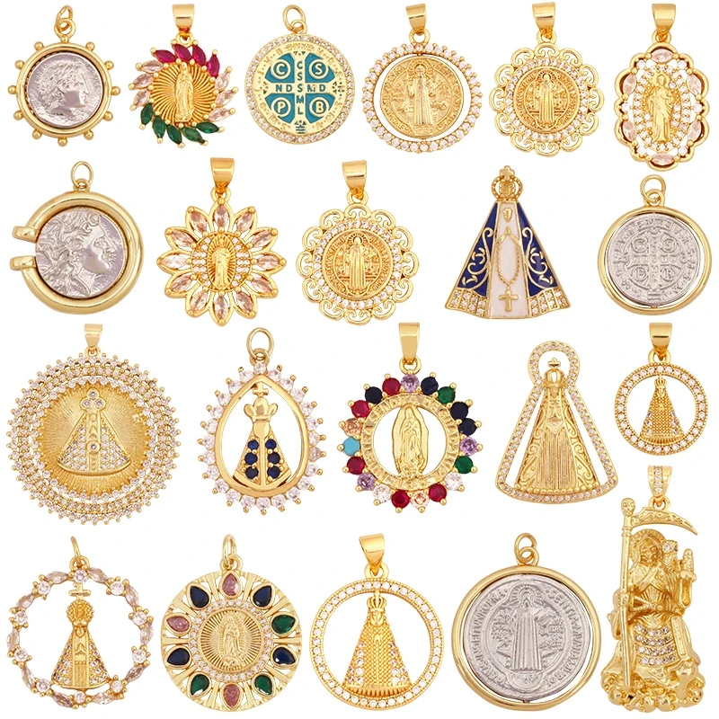 Religious Stye Jesus Virgin Mary Charm Geometry Pendant,Holy Real 18K Gold Inlaid Cubic Zirconia Jewelry Necklace Supplies S12