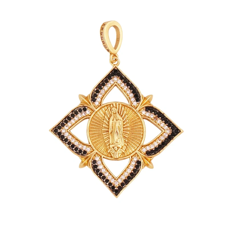 Religious Style Holy Jesus Virgin Mary Charm Geometry Pendant,18K Gold Inlaid Cubic Zirconia Jewelry Necklace Accessories S08