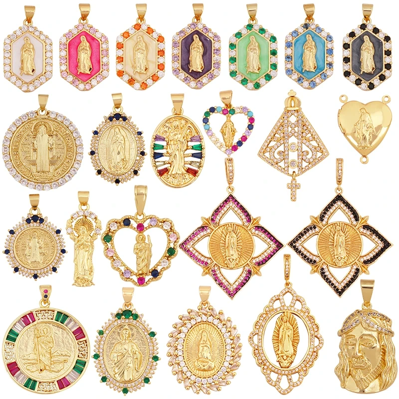 Religious Style Holy Jesus Virgin Mary Charm Geometry Pendant,18K Gold Inlaid Cubic Zirconia Jewelry Necklace Accessories S08