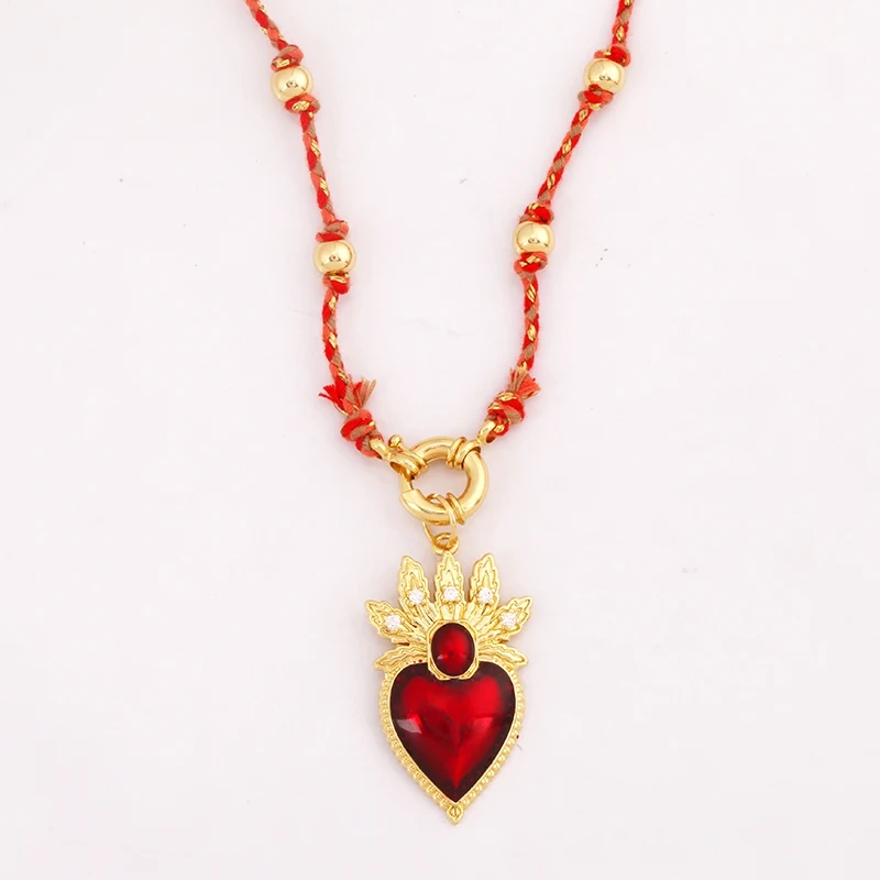 Sacred Red Heart Boho Bohemia Style Nature Cotton Cord Long Knotting Beaded Necklace,Colorful  Rope Sweater Amulet Jewelery