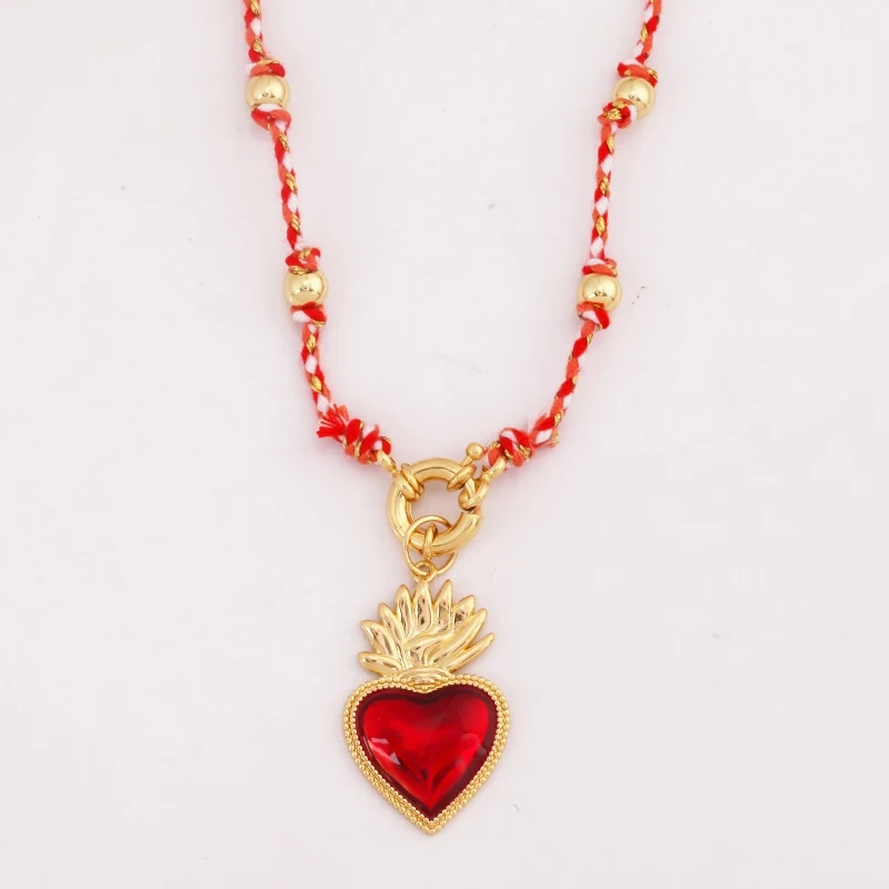 Sacred Red Heart Boho Bohemia Style Nature Cotton Cord Long Knotting Beaded Necklace,Colorful  Rope Sweater Amulet Jewelery