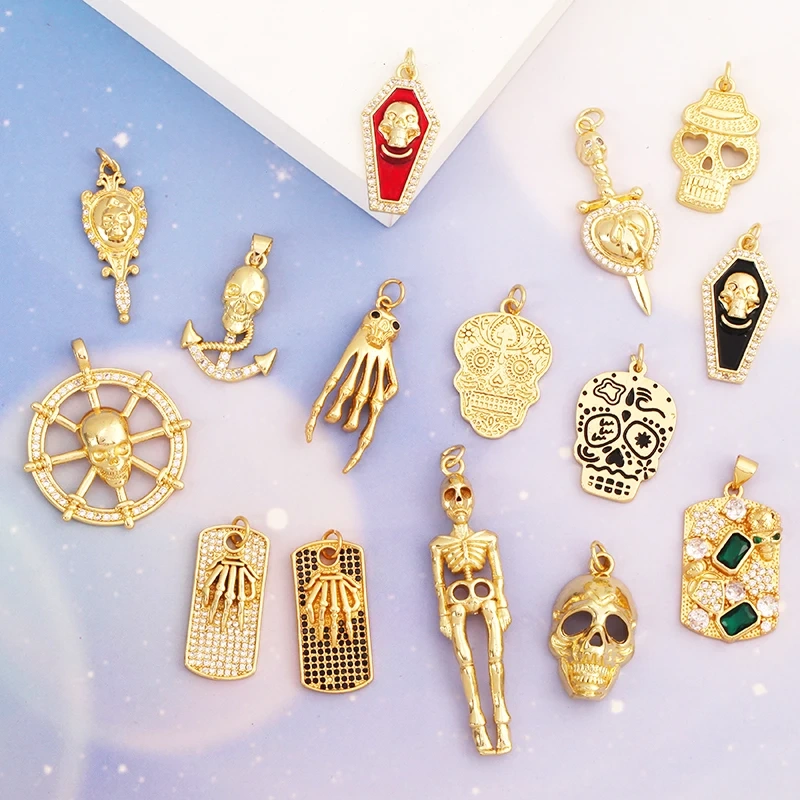 Trendy Skull Ghost Halloween Zircon Enamel Charm Pendant,Real 18K Gold Plated Colour Craft Jewelry Necklace Supplies S13