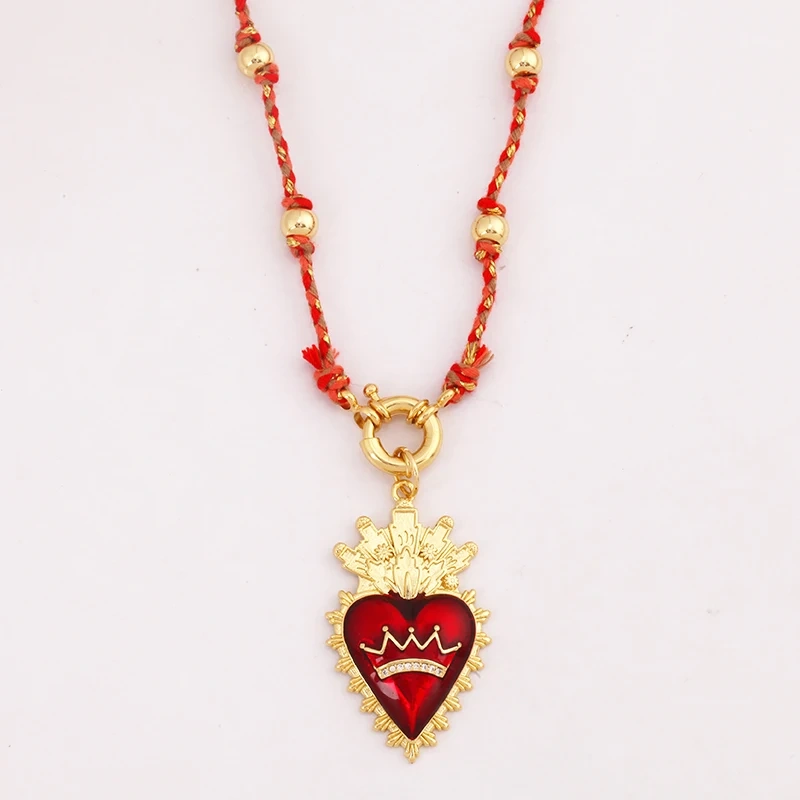 Sacred Red Heart Boho Bohemia Style Nature Cotton Cord Long Knotting Beaded Necklace,Colorful  Rope Sweater Amulet Jewelery