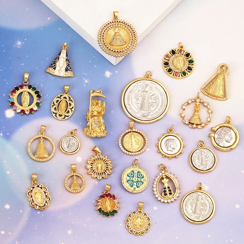 Religious Stye Jesus Virgin Mary Charm Geometry Pendant,Holy Real 18K Gold Inlaid Cubic Zirconia Jewelry Necklace Supplies S12