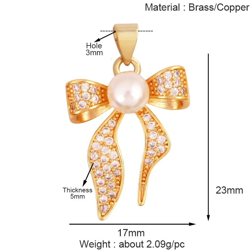 Fashion Bowknot Zircon Pearl Charm Pendant,18K Gold Plated Necklace Bracelet DIY Handmade Jewelry Making Accessories Supply K78