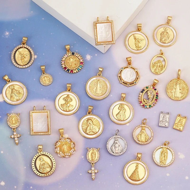 Holy Religious Style Jesus Virgin Mary Charms Pendant,Real 18K Gold Plated Zircon Shell Jewelry Necklace Accessories Supply S15