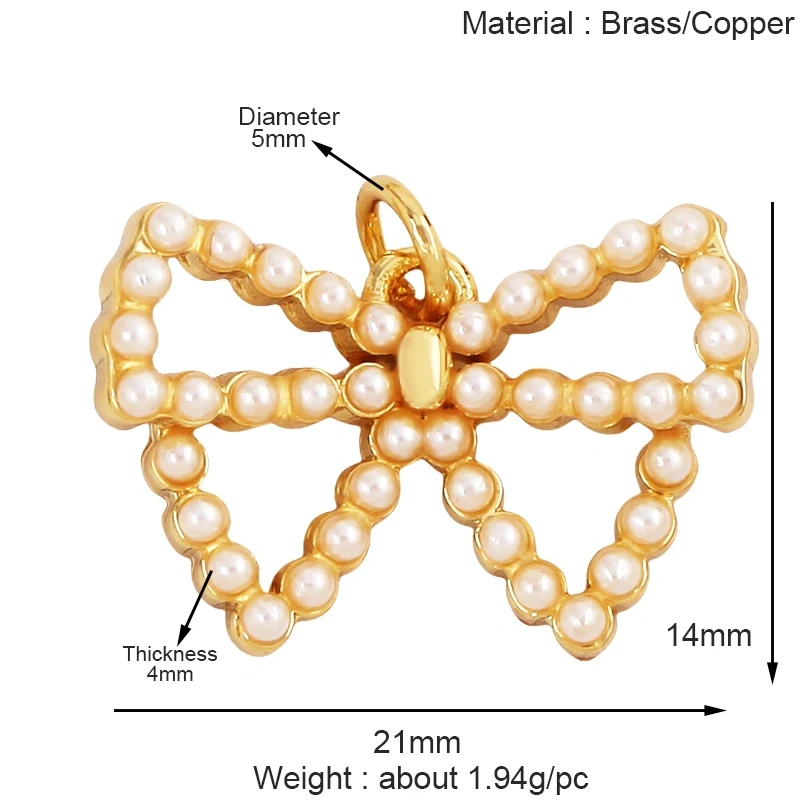 Fashion Bowknot Zircon Pearl Charm Pendant,18K Gold Plated Necklace Bracelet DIY Handmade Jewelry Making Accessories Supply K78