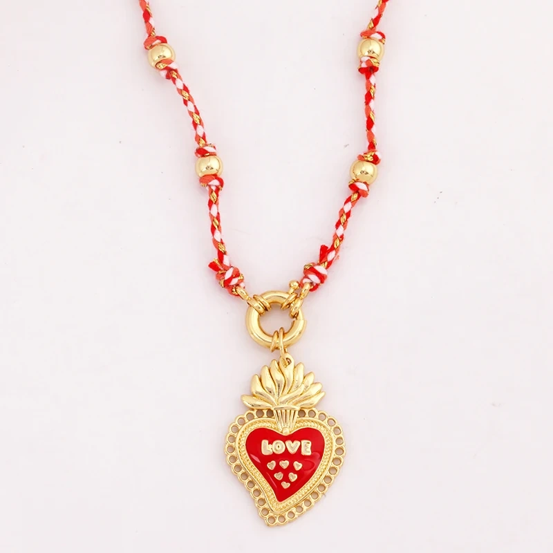 Sacred Red Heart Boho Bohemia Style Nature Cotton Cord Long Knotting Beaded Necklace,Colorful  Rope Sweater Amulet Jewelery