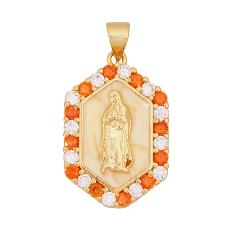 Religious Style Holy Jesus Virgin Mary Charm Geometry Pendant,18K Gold Inlaid Cubic Zirconia Jewelry Necklace Accessories S08