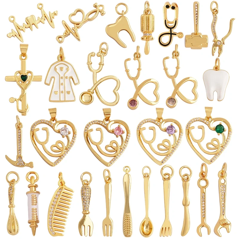 Love Heart Knife Fork Tableware Stethoscope Instrument Charm Pendant,DIY Jewelry Accessories for Necklaces Making Supplies M15