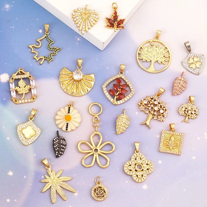 Sweet Sun Rose Flower Maple Leaf Clover Tree Charm Pendant,Real 18k Gold Shell Zircon Jewelry Findings Necklace Supplies S07