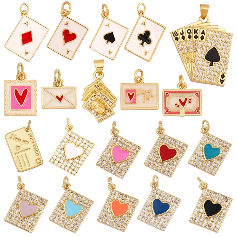 Heart Tag Postcard Playing Card Enamel Charm Pendant,Real 18K Gold Plated DIY Jewelry Accessories Bracelets Necklaces Making S25