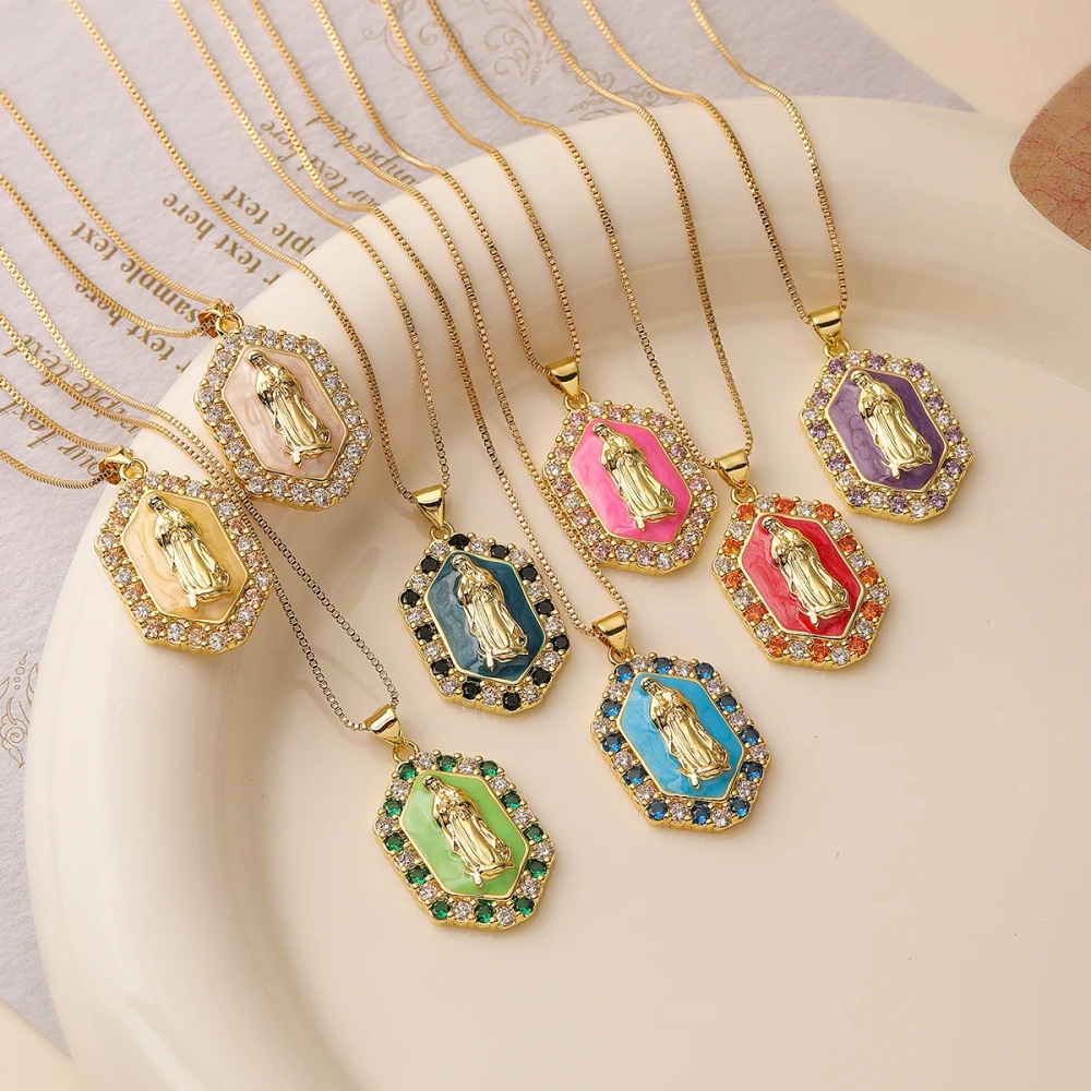 Religious Style Holy Jesus Virgin Mary Charm Geometry Pendant,18K Gold Inlaid Cubic Zirconia Jewelry Necklace Accessories S08