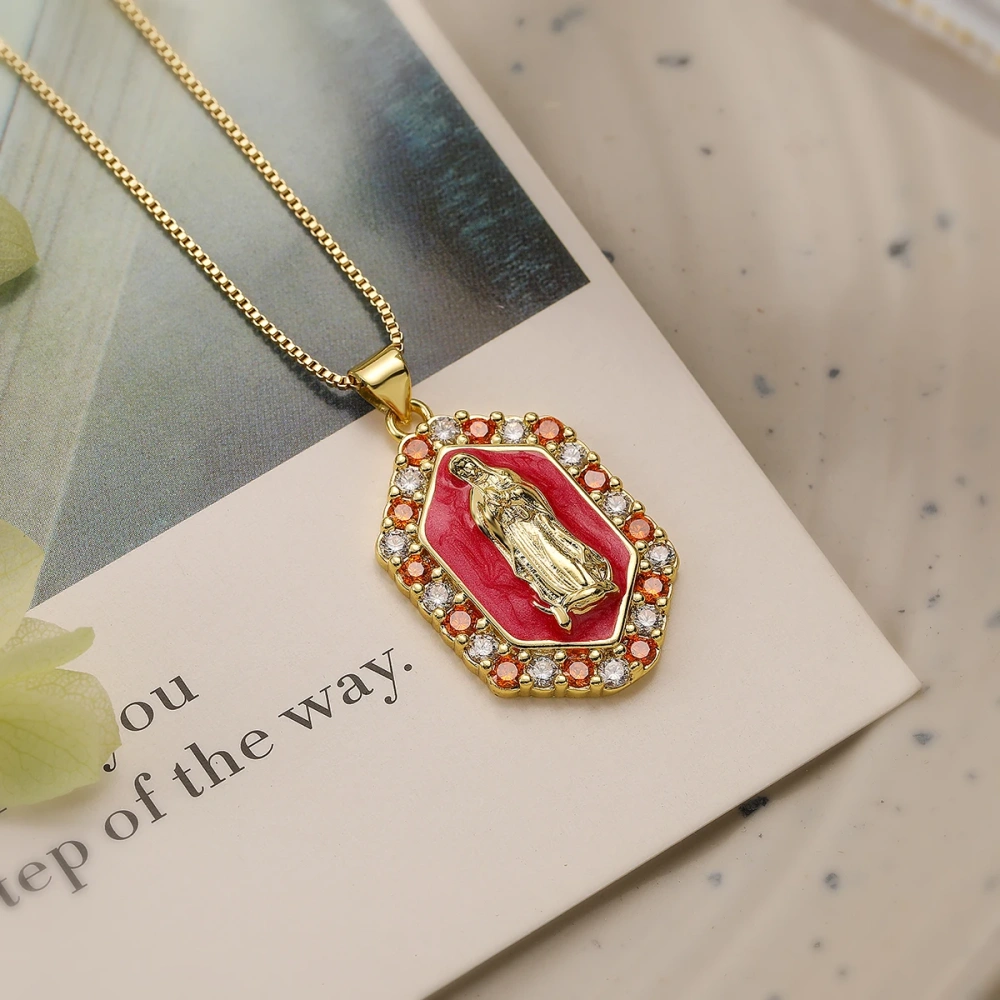 Religious Style Holy Jesus Virgin Mary Charm Geometry Pendant,18K Gold Inlaid Cubic Zirconia Jewelry Necklace Accessories S08