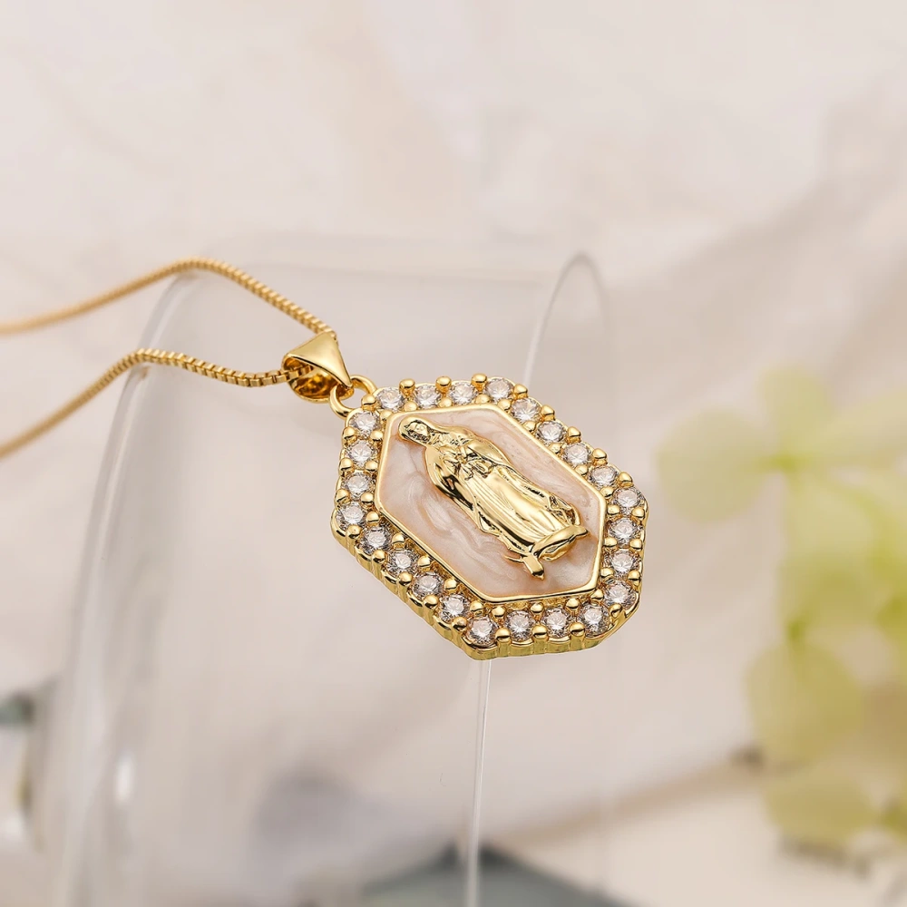 Religious Style Holy Jesus Virgin Mary Charm Geometry Pendant,18K Gold Inlaid Cubic Zirconia Jewelry Necklace Accessories S08