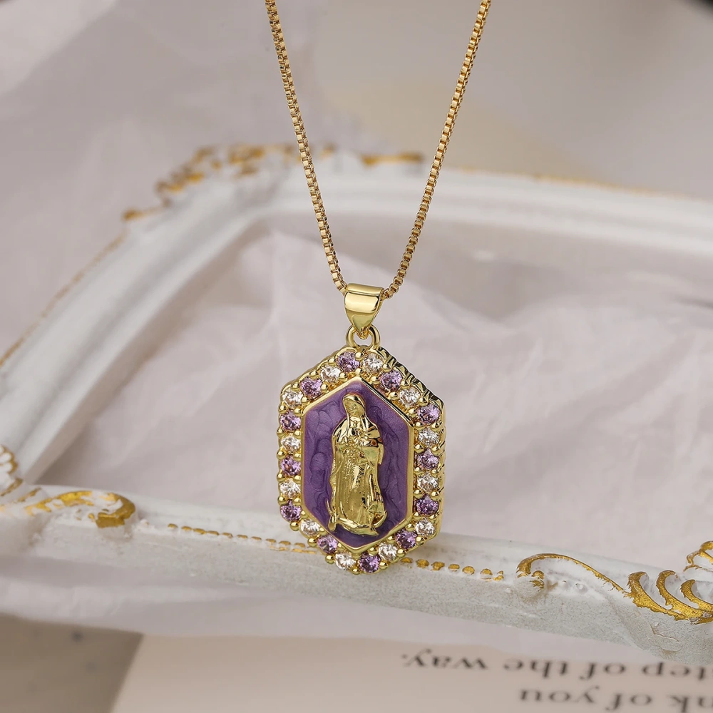 Religious Style Holy Jesus Virgin Mary Charm Geometry Pendant,18K Gold Inlaid Cubic Zirconia Jewelry Necklace Accessories S08