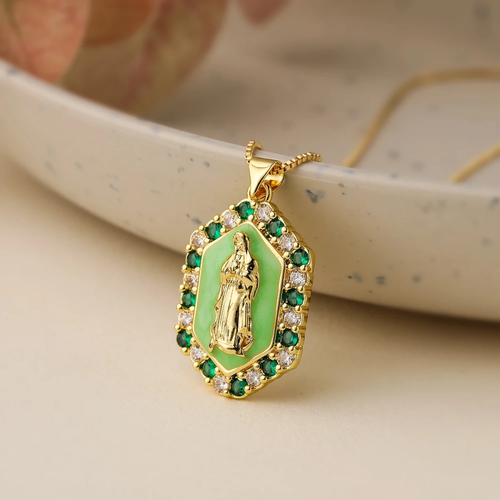 Religious Style Holy Jesus Virgin Mary Charm Geometry Pendant,18K Gold Inlaid Cubic Zirconia Jewelry Necklace Accessories S08