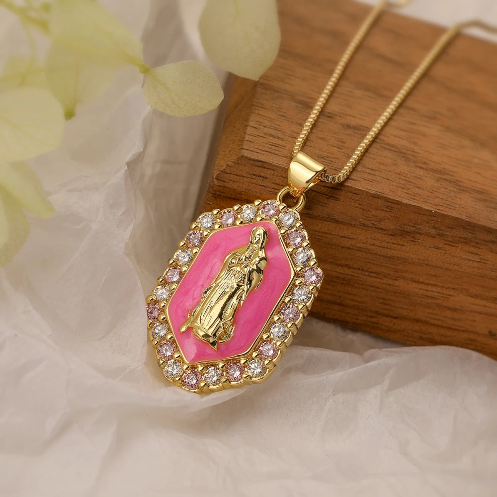 Religious Style Holy Jesus Virgin Mary Charm Geometry Pendant,18K Gold Inlaid Cubic Zirconia Jewelry Necklace Accessories S08