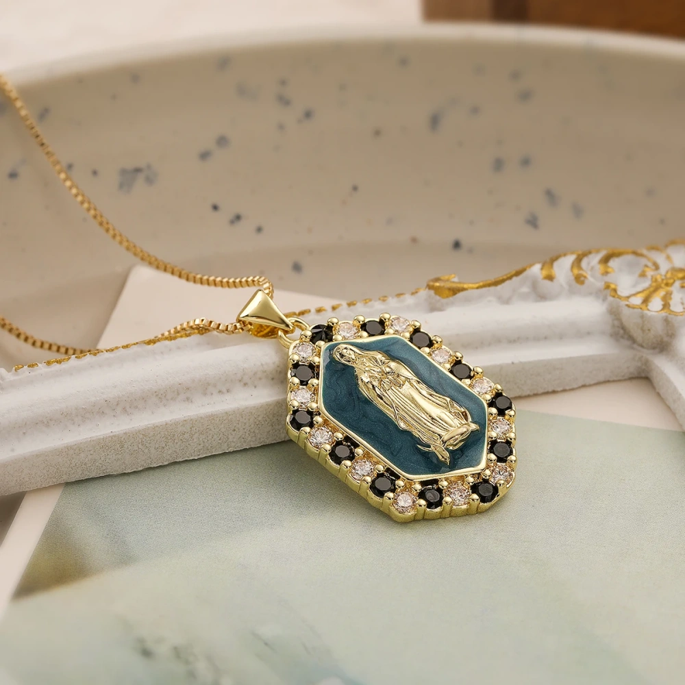 Religious Style Holy Jesus Virgin Mary Charm Geometry Pendant,18K Gold Inlaid Cubic Zirconia Jewelry Necklace Accessories S08