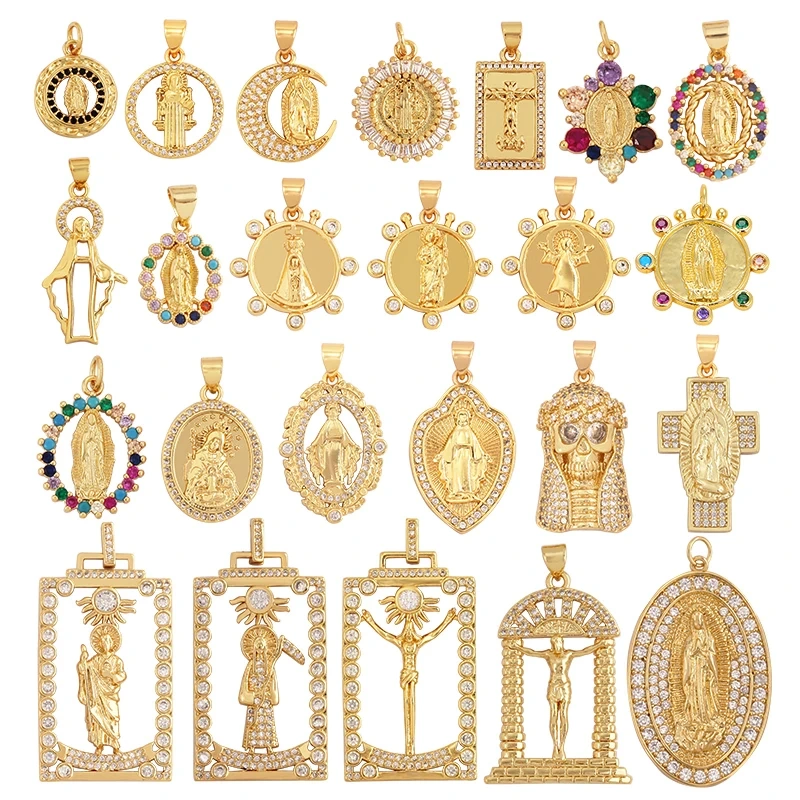 Holy Religious Style Jesus Virgin Mary Charm Geometry Pendant,18K Gold Inlaid Cubic Zirconia Jewelry Necklace Accessories M15