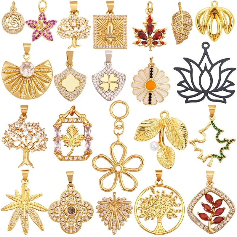 Sweet Sun Rose Flower Maple Leaf Clover Tree Charm Pendant,Real 18k Gold Shell Zircon Jewelry Findings Necklace Supplies S07