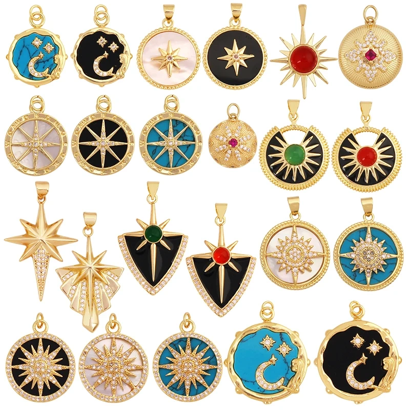 Trendy Shining Space Sun Moon Star Shell Charm Pendant,Real 18K Gold Plated Jewelry Components Findings Accessories Supplies S24