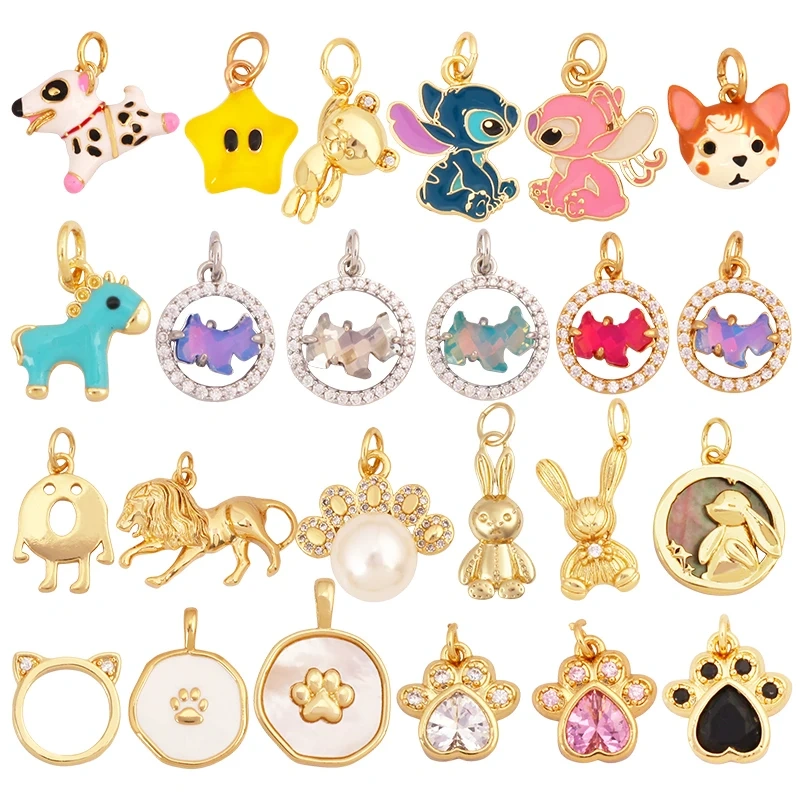Cute Cat Dog Rabbit Bear Horse Lion Animal Charm Pendant,Real 18K Gold Plated Necklace Bracelet Jewelry Components Supplies S25