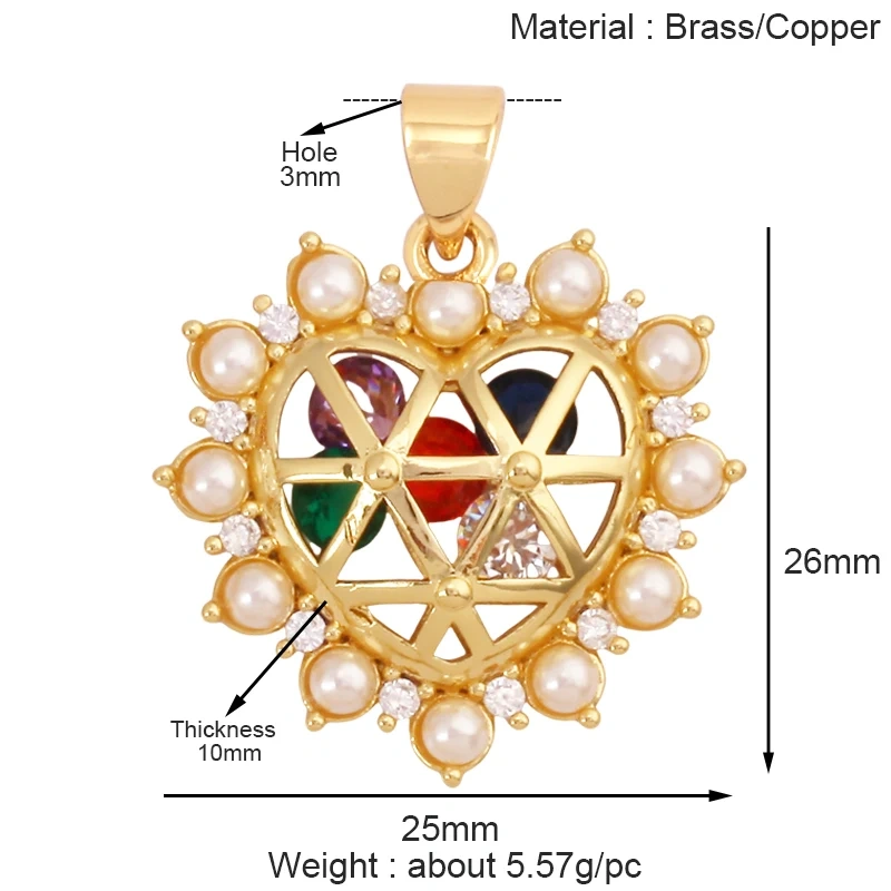 Fashion Colorful Zircon Focal Love Heart Charm Pendant,Real 18K Gold Plated Necklace Bracelet DIY Handmade Jewelry Supplies S26