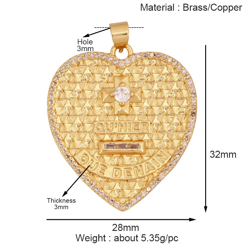 Fashion Colorful Zircon Focal Love Heart Charm Pendant,Real 18K Gold Plated Necklace Bracelet DIY Handmade Jewelry Supplies S26