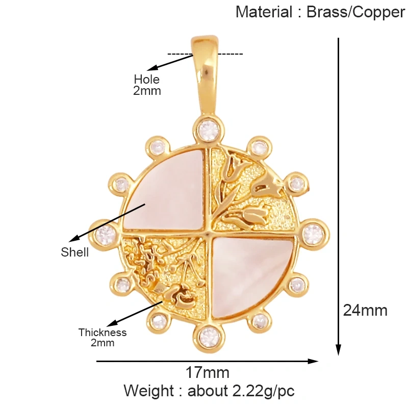 Trendy Sweet Sun Rose Flower Lotus Clover Tree Charm Pendant,Real 18k Gold Shell Zircon Jewelry Findings Necklace Supplies S22