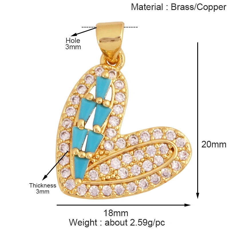 Fashion Colorful Zircon Focal Love Heart Charm Pendant,Real 18K Gold Plated Necklace Bracelet DIY Handmade Jewelry Supplies S26