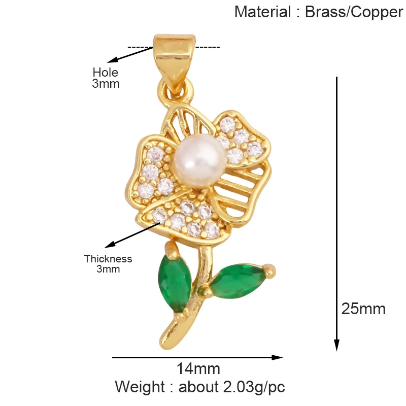 Trendy Sweet Sun Rose Flower Lotus Clover Tree Charm Pendant,Real 18k Gold Shell Zircon Jewelry Findings Necklace Supplies S22