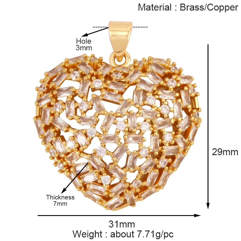 Fashion Colorful Zircon Focal Love Heart Charm Pendant,Real 18K Gold Plated Necklace Bracelet DIY Handmade Jewelry Supplies S26