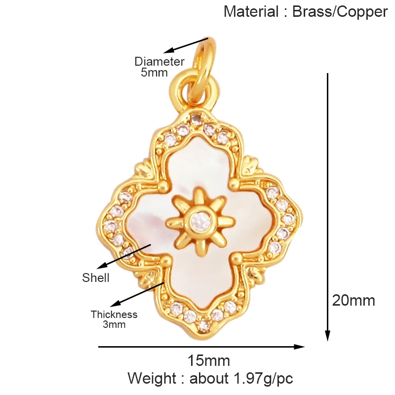 Trendy Sweet Sun Rose Flower Lotus Clover Tree Charm Pendant,Real 18k Gold Shell Zircon Jewelry Findings Necklace Supplies S22
