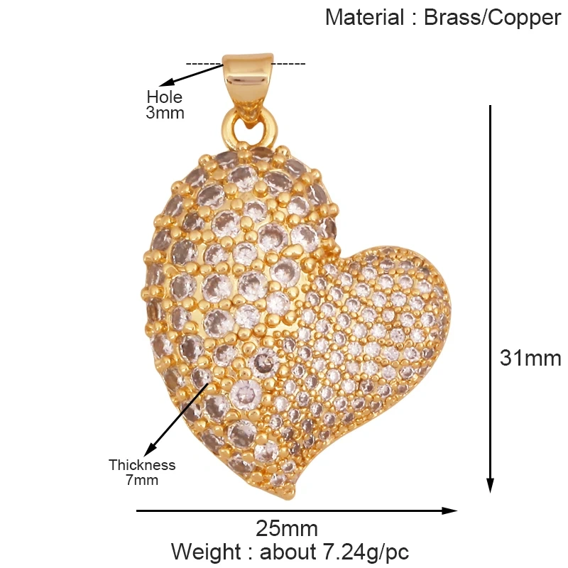 Fashion Colorful Zircon Focal Love Heart Charm Pendant,Real 18K Gold Plated Necklace Bracelet DIY Handmade Jewelry Supplies S26
