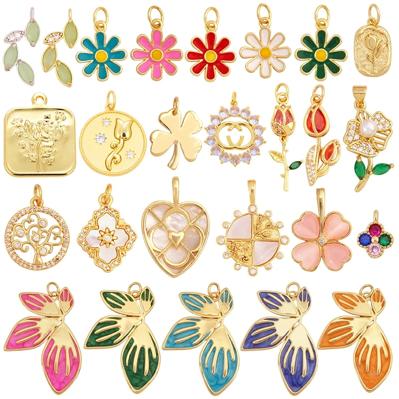 Trendy Sweet Sun Rose Flower Lotus Clover Tree Charm Pendant,Real 18k Gold Shell Zircon Jewelry Findings Necklace Supplies S22
