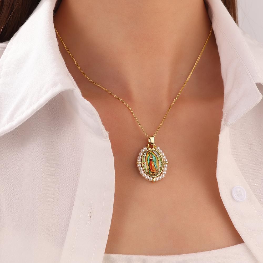 Religious Style Holy Jesus Virgin Mary Charm Geometry Pendant,18K Gold Inlaid Cubic Zirconia Pearl Jewelry Necklace Supplies K61