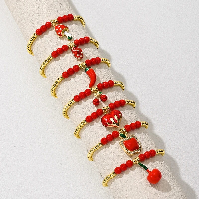 New Year New Luck Red Mushroom Cherry Strawberry Pepper Chilly Bracelet ,18k Gold Plated Brass beads , Gift for Her Girlfreind