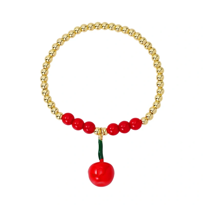New Year New Luck Red Mushroom Cherry Strawberry Pepper Chilly Bracelet ,18k Gold Plated Brass beads , Gift for Her Girlfreind