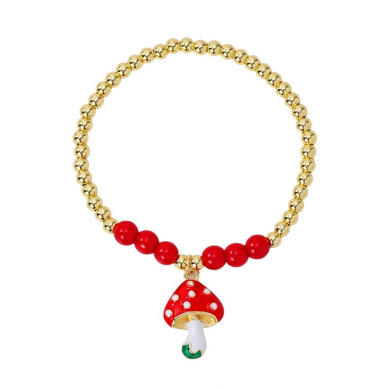 New Year New Luck Red Mushroom Cherry Strawberry Pepper Chilly Bracelet ,18k Gold Plated Brass beads , Gift for Her Girlfreind