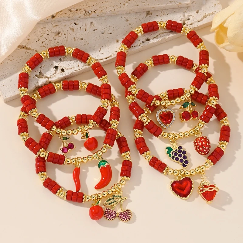 Red Peach Heart Fruit Beads Versatile Best Friend Fashion Gift Couple Bracelet , Fashion Party Amulet Proection Bracelet X258-B