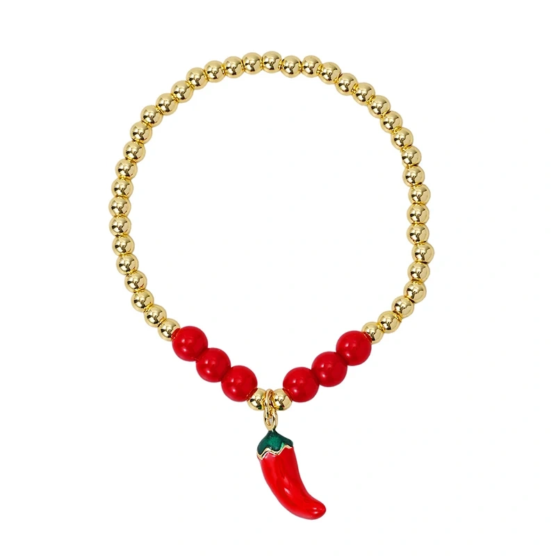 New Year New Luck Red Mushroom Cherry Strawberry Pepper Chilly Bracelet ,18k Gold Plated Brass beads , Gift for Her Girlfreind