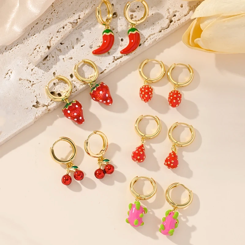 New in fruit cherry strawberry dragon fruit pendant, oil dripping earrings Women female earrings X268