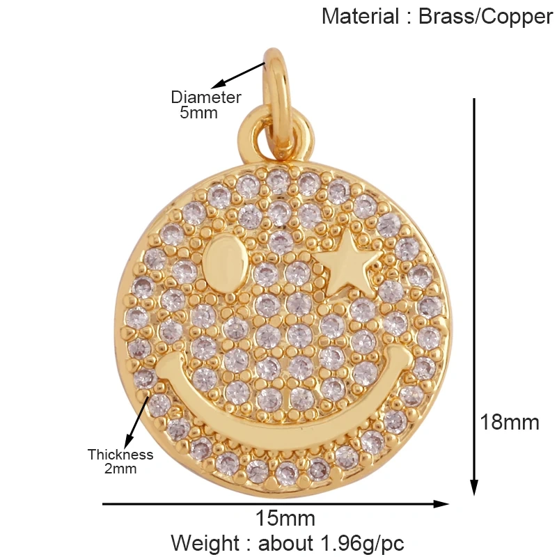 Fashion Happy Face Round Charm Pendant,Real 18K Gold Plated Zircon Necklace Bracelet Pendant Handmade Jewelry Accessories S37