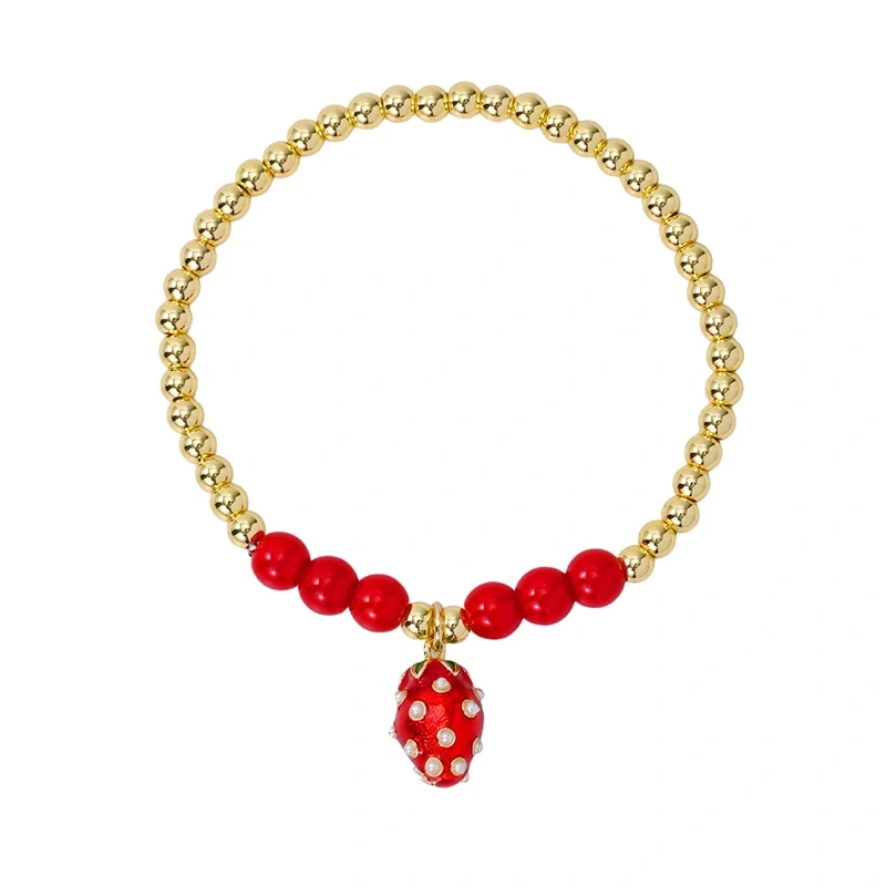 New Year New Luck Red Mushroom Cherry Strawberry Pepper Chilly Bracelet ,18k Gold Plated Brass beads , Gift for Her Girlfreind