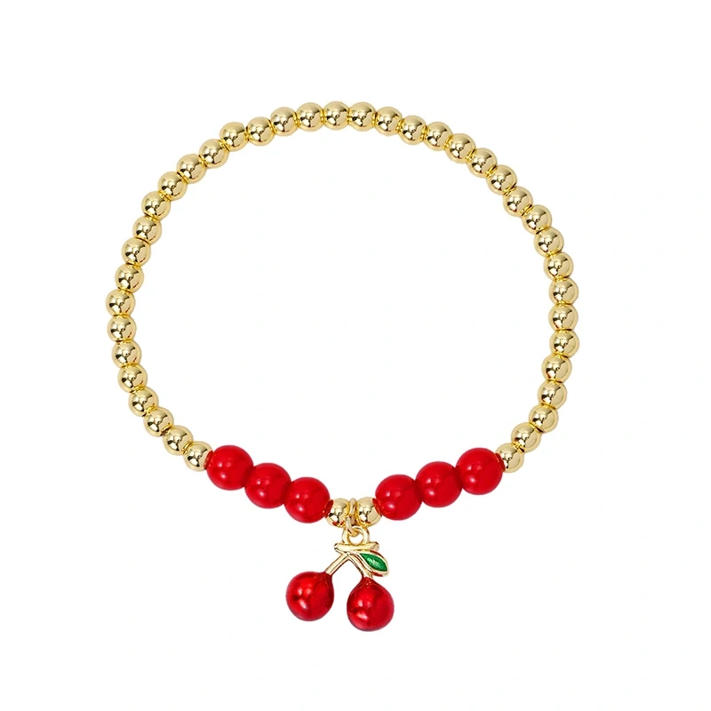 New Year New Luck Red Mushroom Cherry Strawberry Pepper Chilly Bracelet ,18k Gold Plated Brass beads , Gift for Her Girlfreind