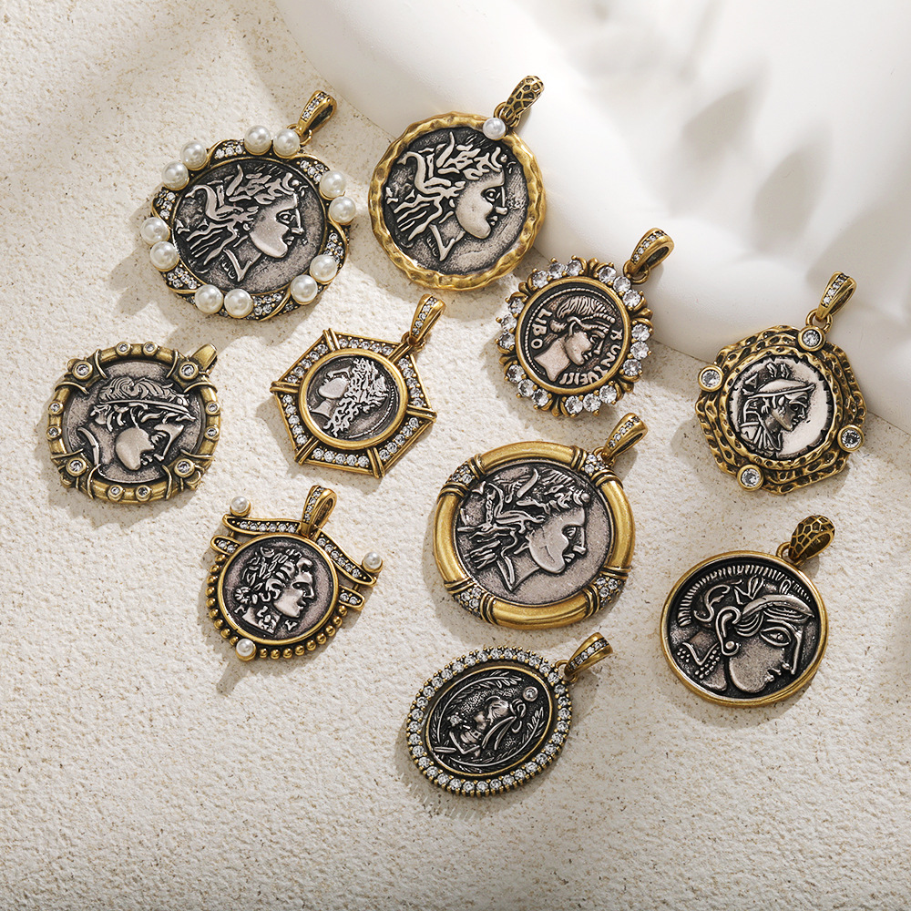 Antique Gold Bronze Beauty Portrait Knight Angel Goddess Coin Medallion Charm Pendant,Necklace Jewelry Accessories Supplies M64