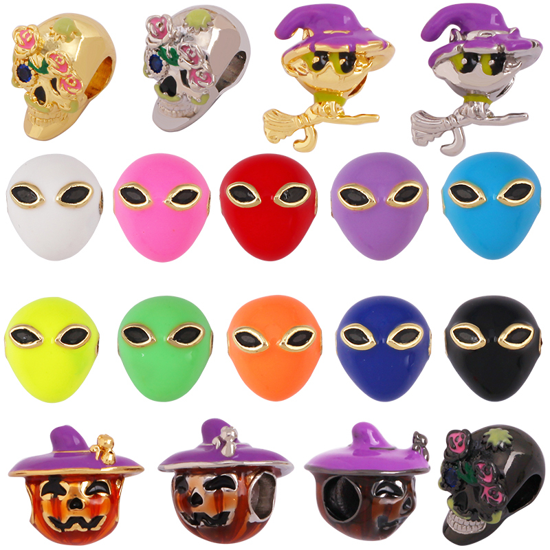Happy Halloween 3D Pumpkin Skull Head Bead,Paracord Beads,Men 18K Gold Brass Bracelet Charms Components Accessories Supplies K50