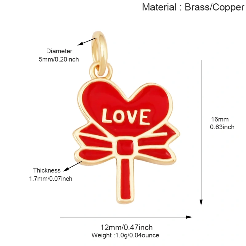 Glitter Red Kiss XOXO Love Heart Envelpe Charm, Brass 18K Gold Plated Necklace Bracelet DIY Jewelry Findings Making Supplies S61